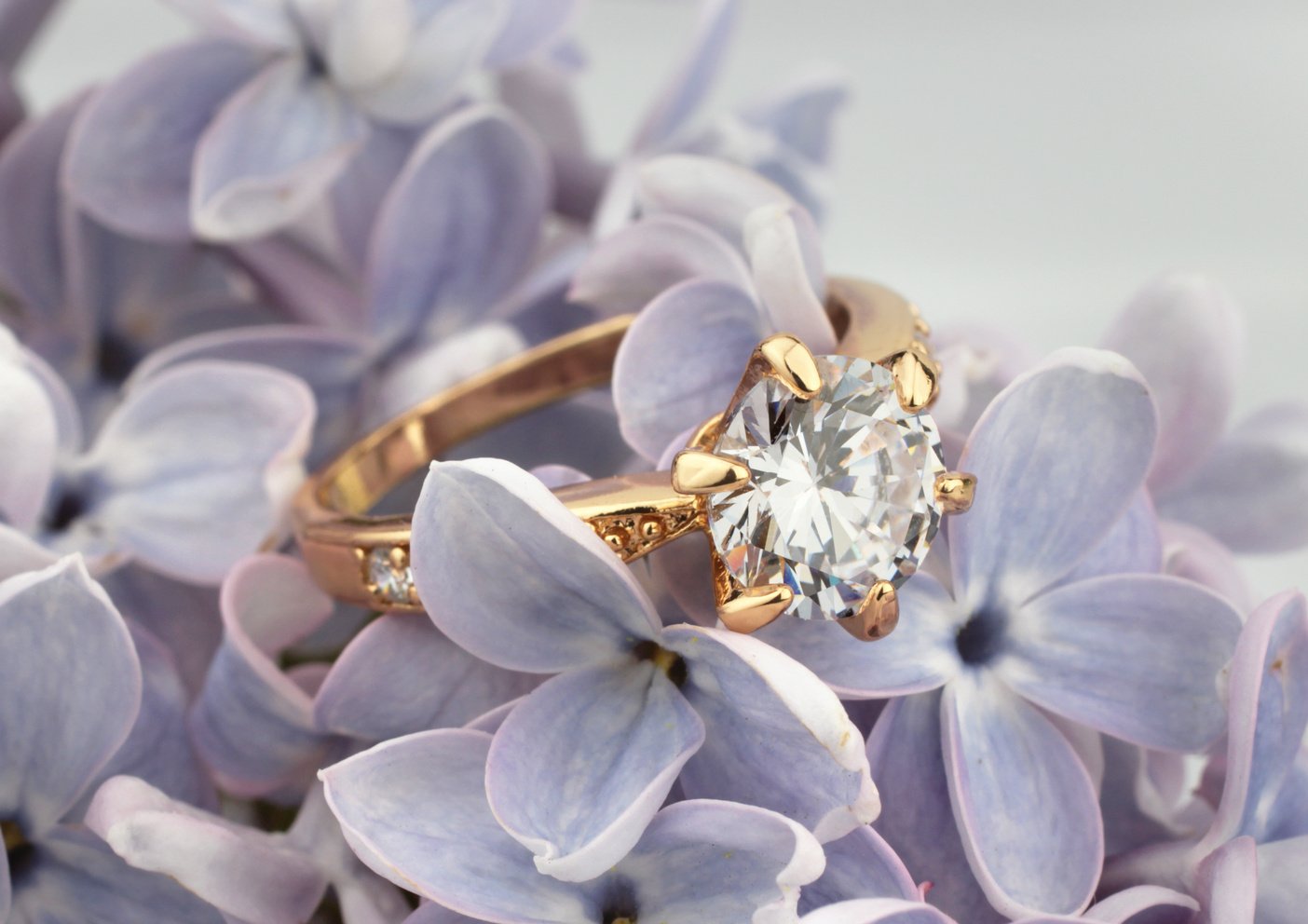 Ring with diamond on violet flower, soft focus